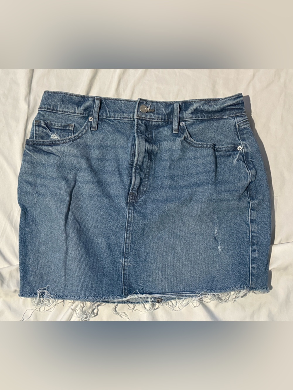 Express Blue Denim Mini Skirt with Frayed Hem
